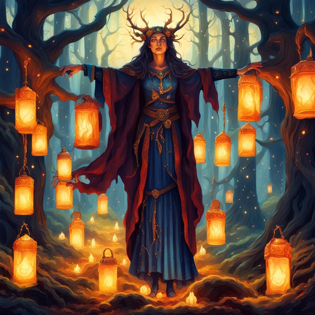 Hecate in Mystical Forest: Fantasy Oil Painting