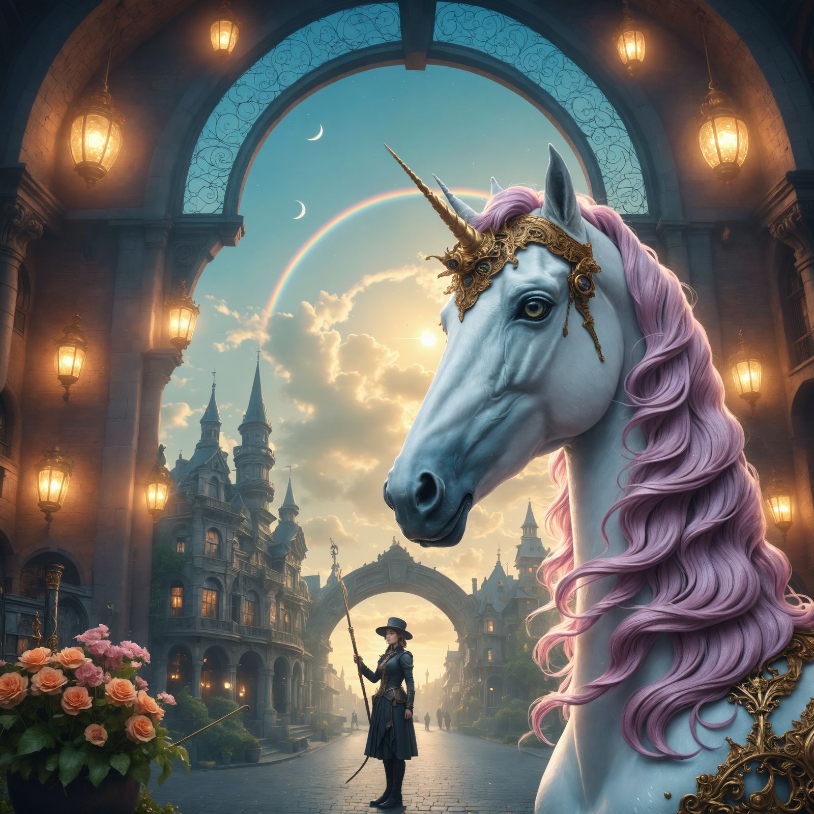 Steampunk Unicorn Fisheye View with Grim Reaper