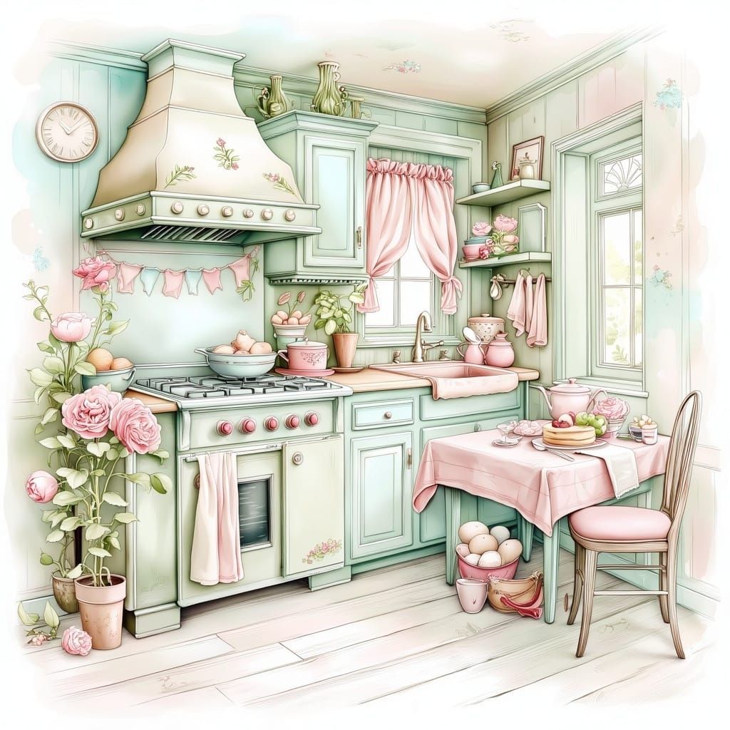 Whimsical Pastel Kitchen Illustration in Cartoon Style