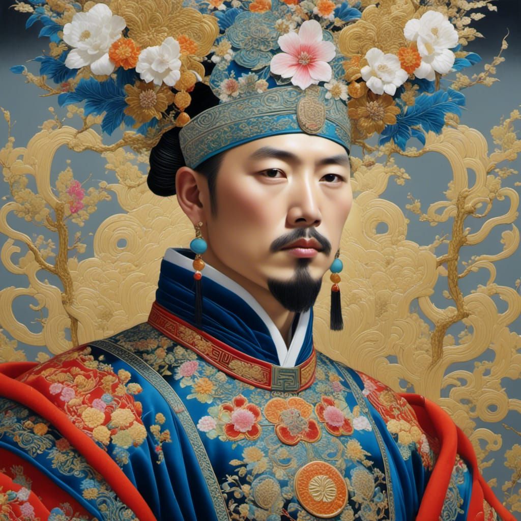 Ancient Chinese Nobleman Portrait in Embroidered Robes