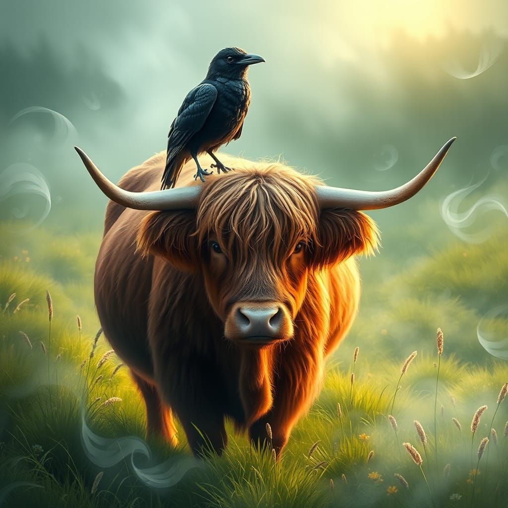 Highland Cow and Crow in Dreamy Landscape
