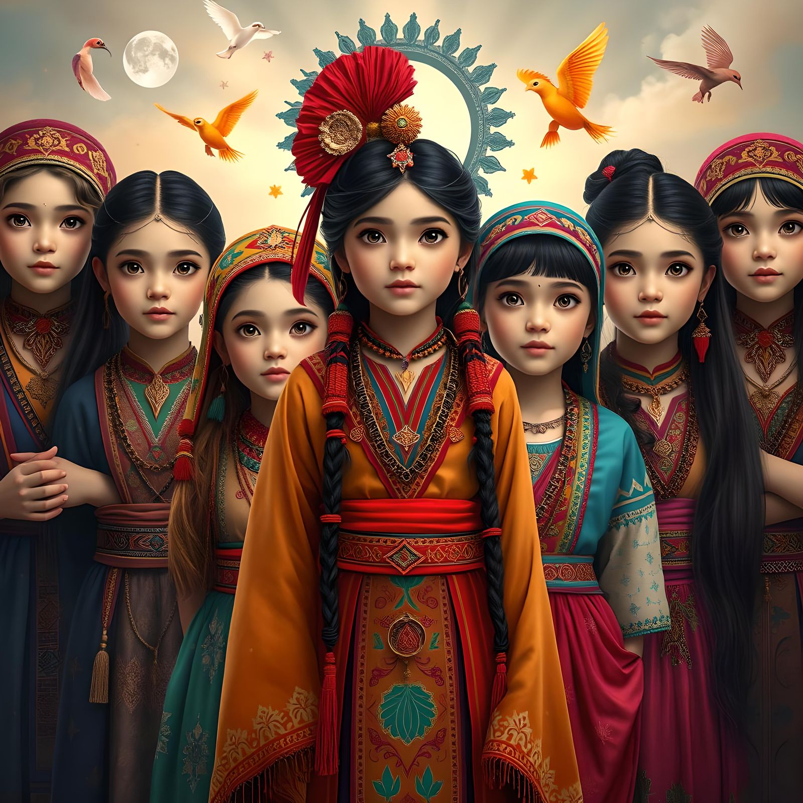 Diverse Global Girls in Traditional Attire: Fantasy Art