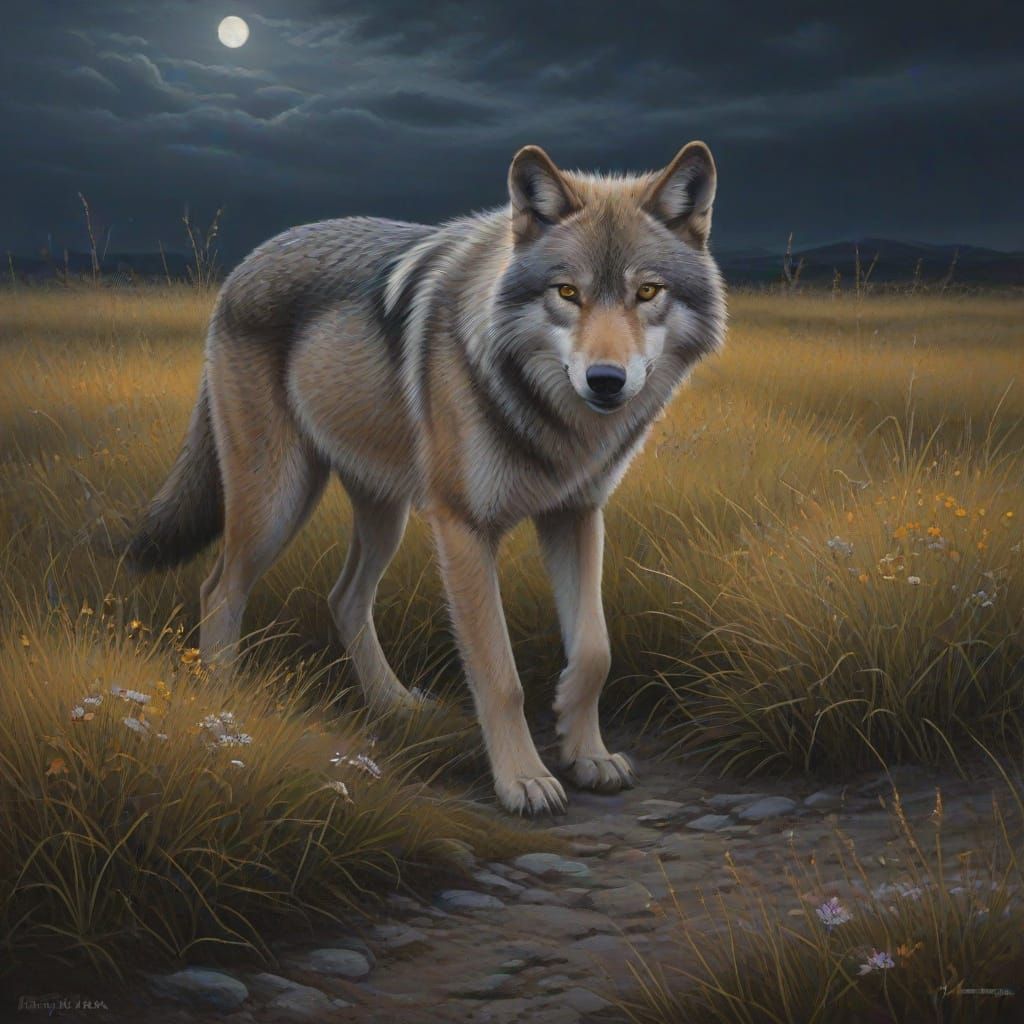 Traditional oil painting. Medium shot. Wolf stalking across ...