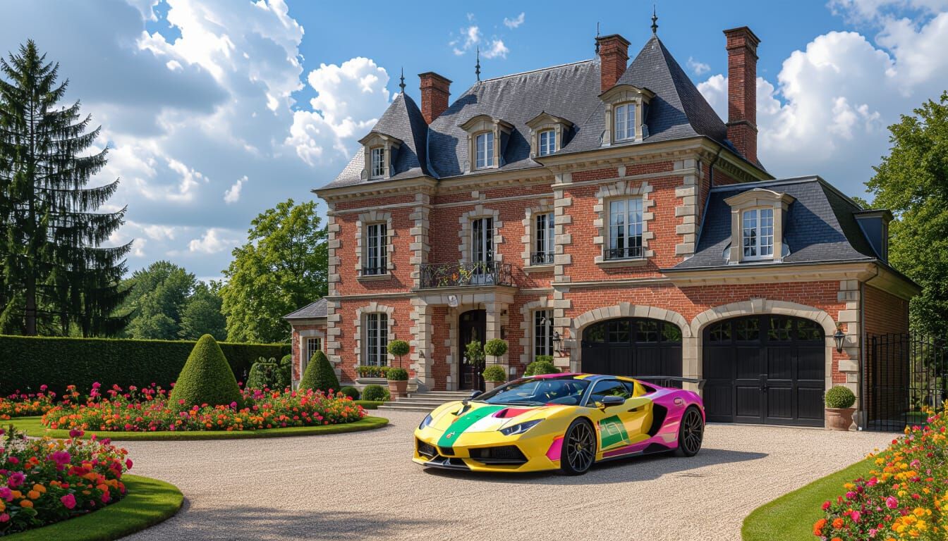 Grand Chateau with Supercar in Monet-Inspired Garden