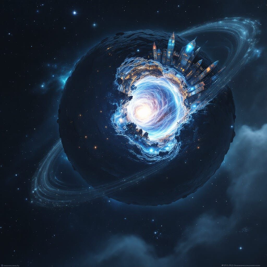 Cyberpunk Robot Planetoid in Vibrant, Star-Studded Expanse