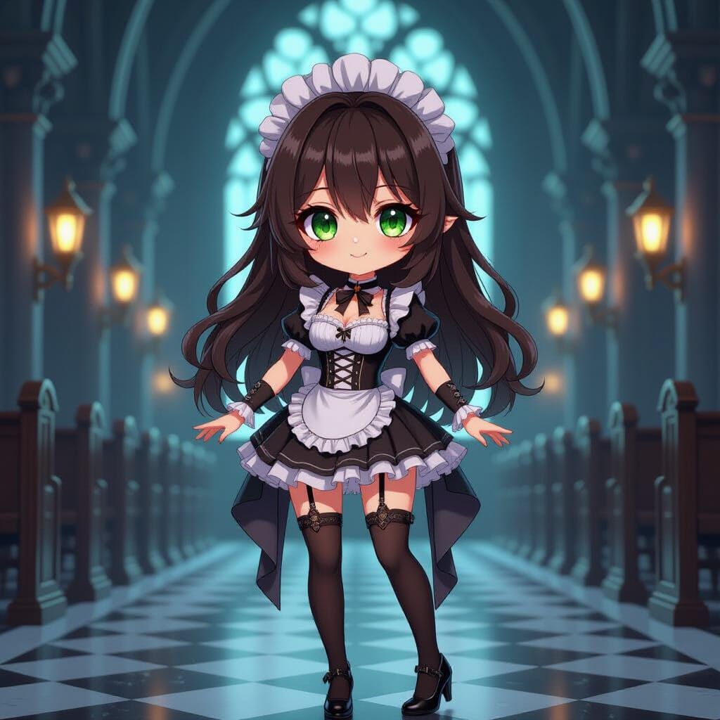 Chibi Demoness Nun in Gothic Victorian Church