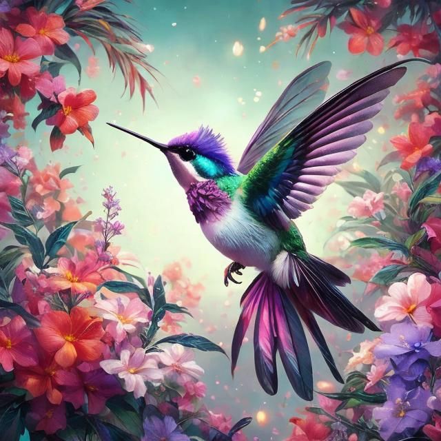 Hummingbird Landing on Flower: Digital Art Masterpiece