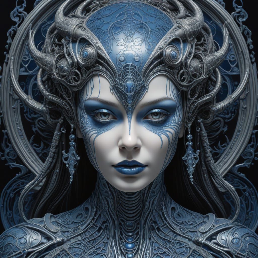 Mysterious Woman in Blue Hood with Fractal Patterns, Reveali...