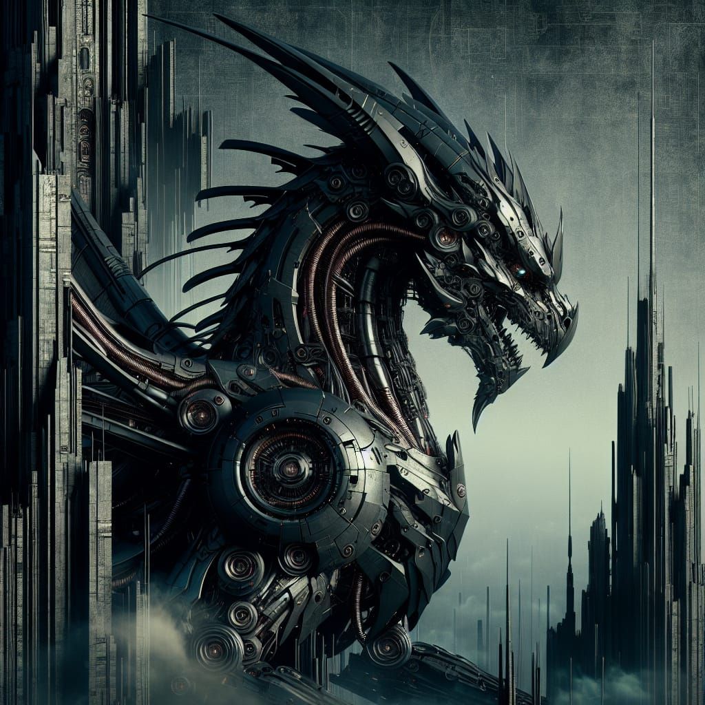 Mechanical Black Dragon on Gothic Skyscraper