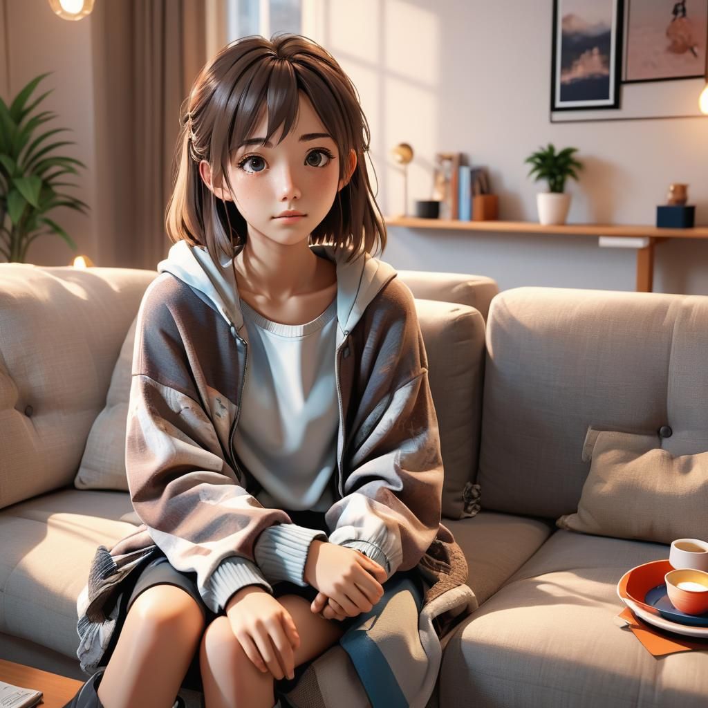 Young Woman in Cozy Living Room Scene in Hyper-Realistic 3D...