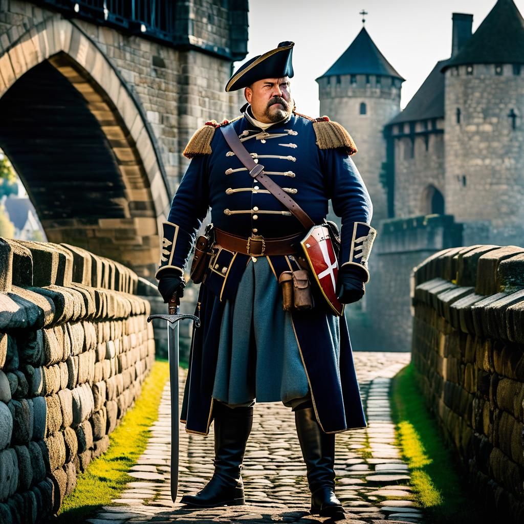 1750s Sentry Guarding Medieval Bridge in Hyperrealism