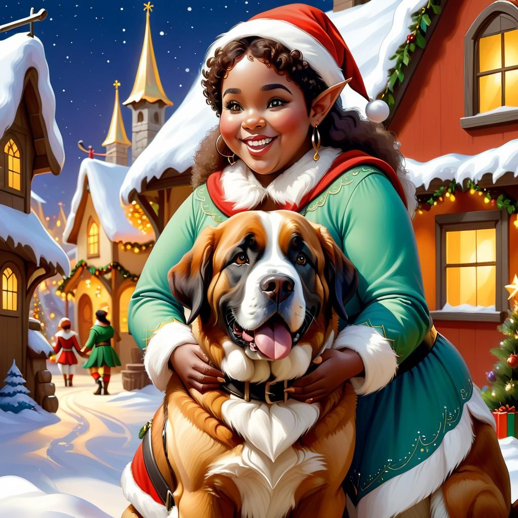 Joyful Elf and Saint Bernard in Christmas Village