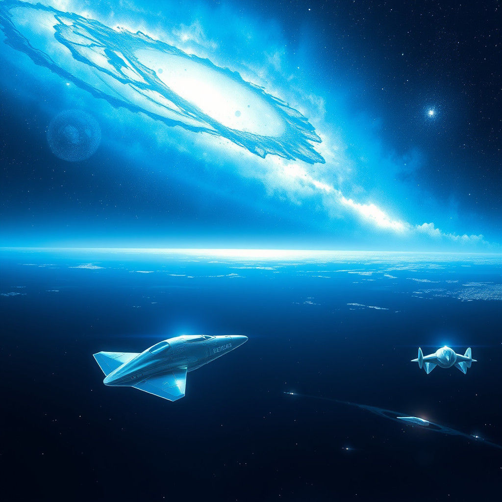 Blue Galaxy Sea with Futuristic Spacecraft