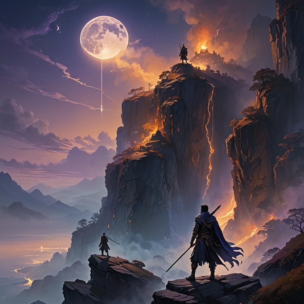 Moonlit Warrior on Cliff in Fantasy Art Style