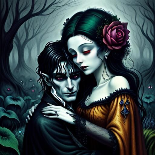Vampires Embrace in Dreamlike Garden, Dark Fantasy Art