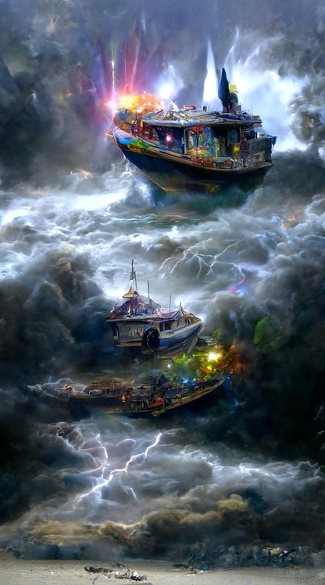 Seascape Painting: Boat in Lightning Storm