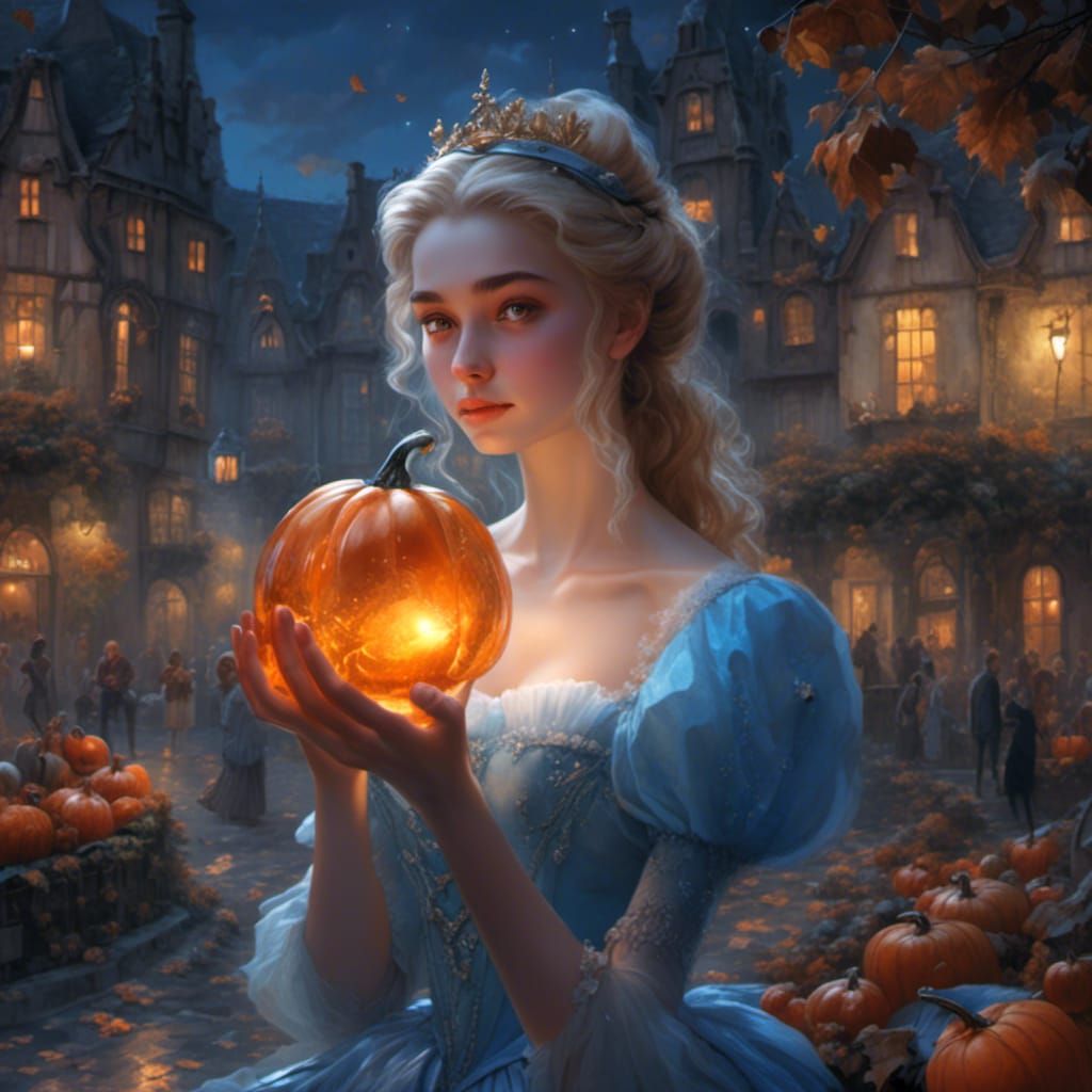 Cinderella Holding a Glowing Glass Pumpkin at Night