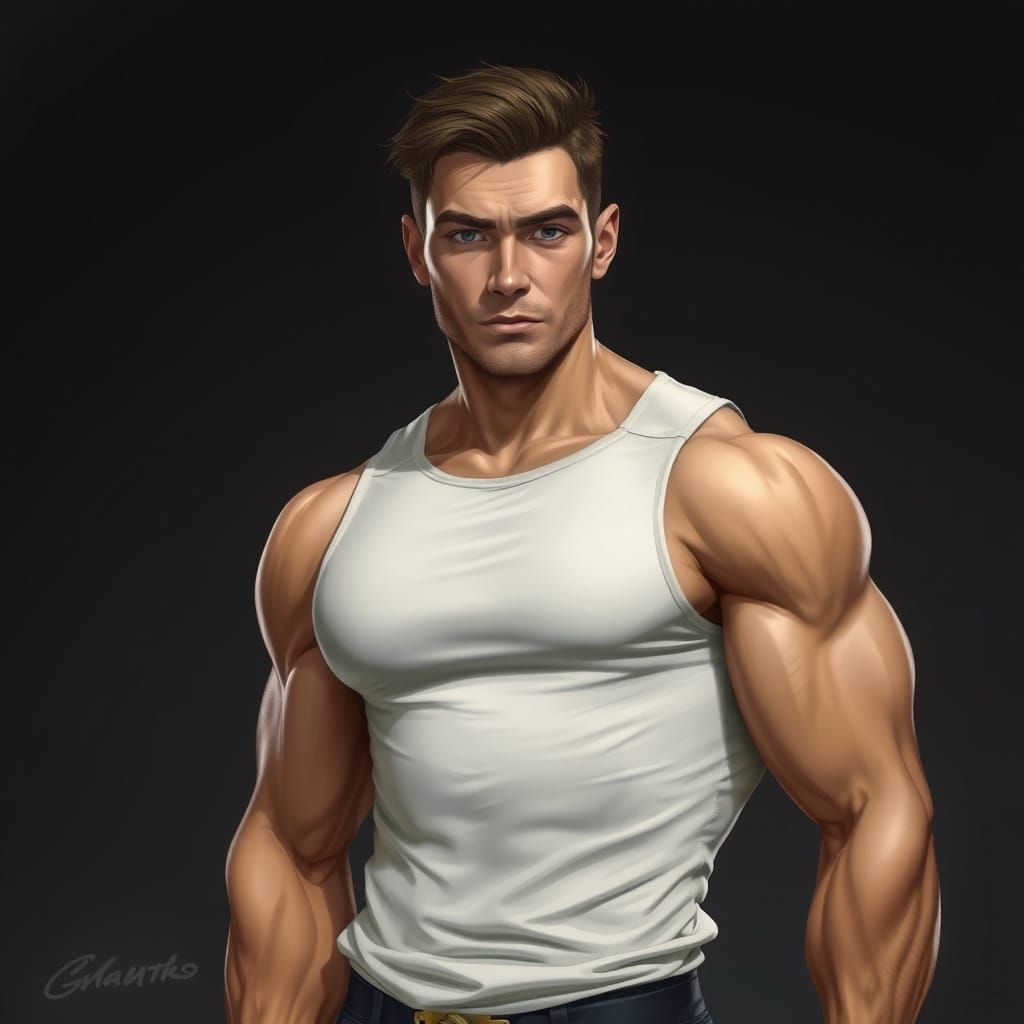 Hyperrealistic Muscle Man Portrait in Dark Setting