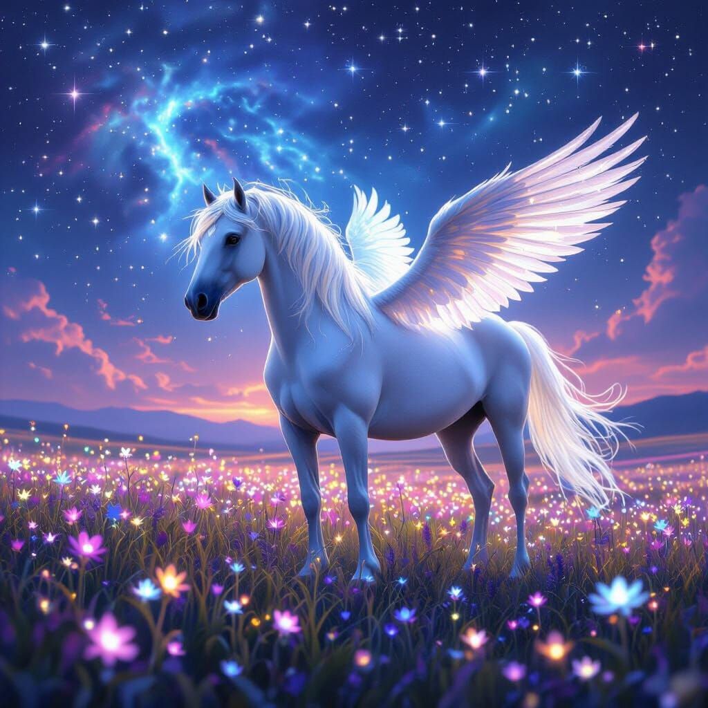 Majestic Winged Horse Under Nebula Sky