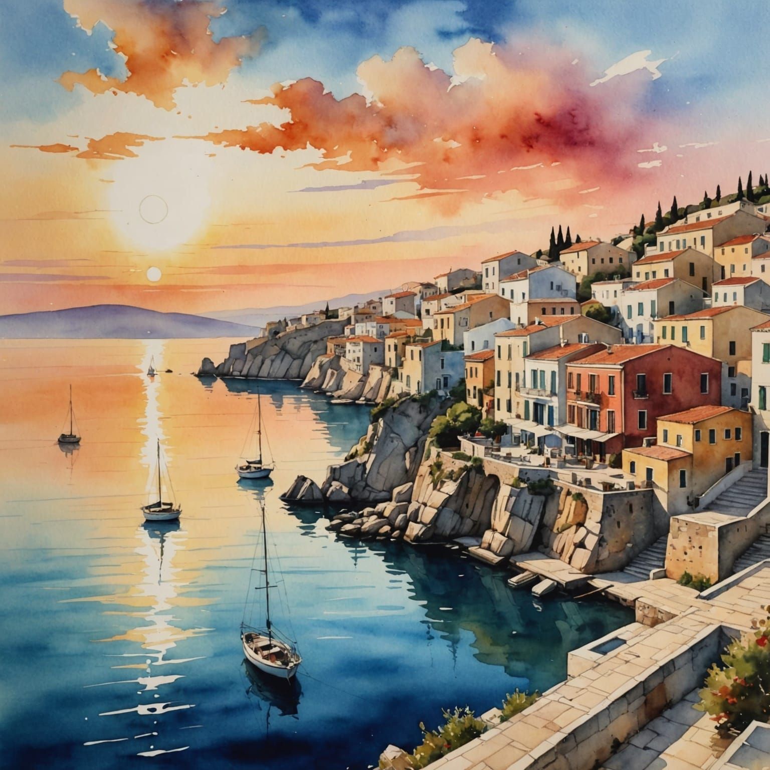 Surreal Greek Waterfront Scene in Dreamy Watercolor Style