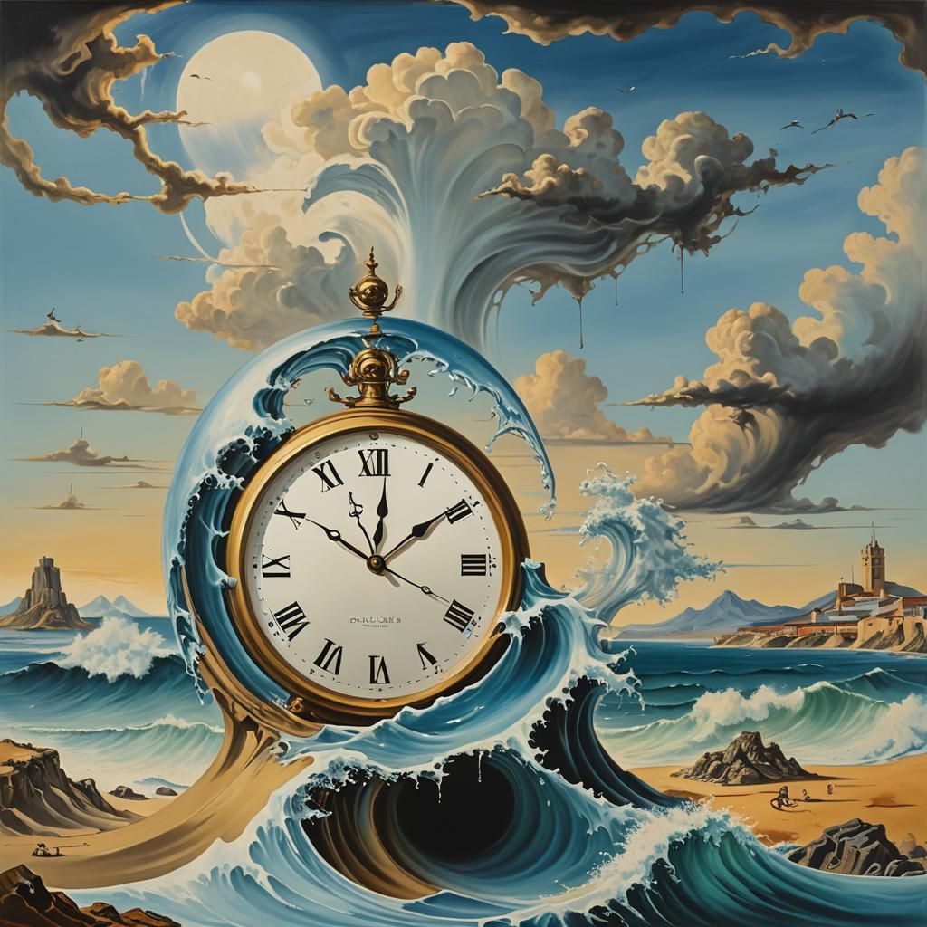 One great wave in Salvador Dalí surrealist landscape with a melting clock in the sky