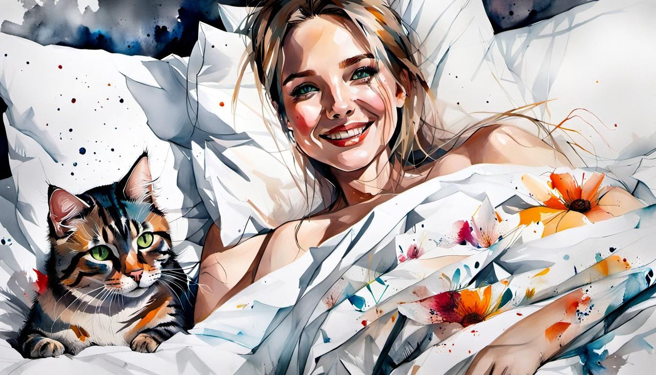 Breakfast in Bed with Cat, Dreamy Watercolor Style