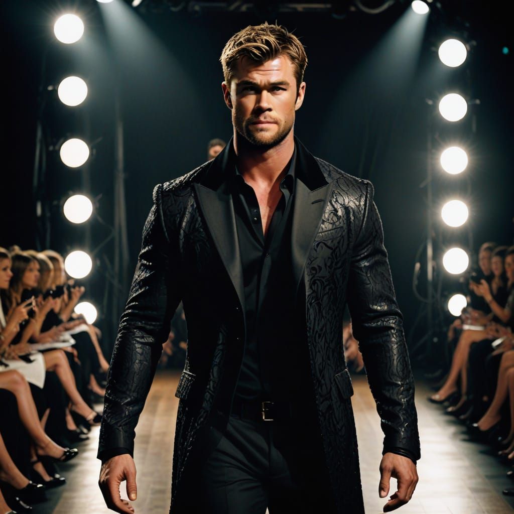 Actor Chris Hemsworth walking the runway, all spot lights on...