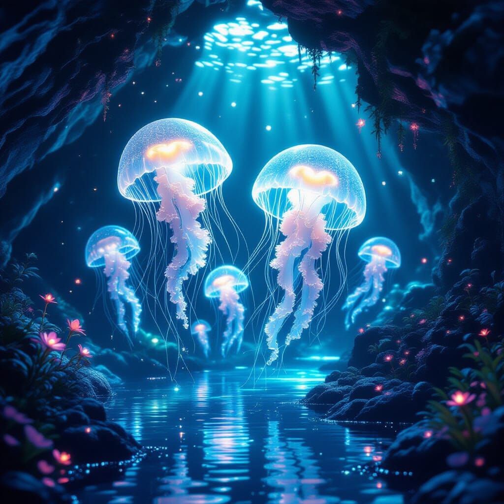 Bioluminescent Jellyfish Dance in Ethereal Cave