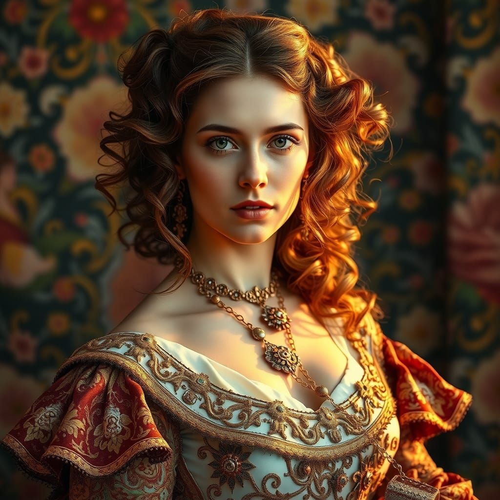 Queenly Woman in Ornate Attire, Hyperrealistic Rendering