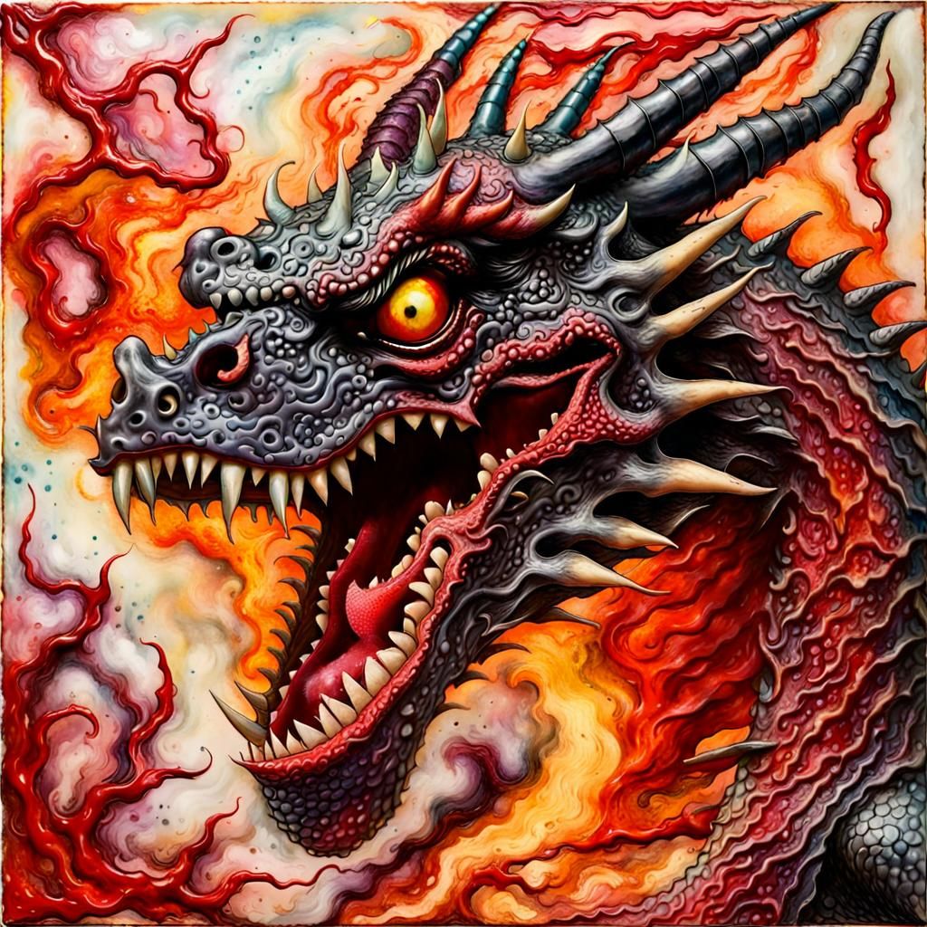 Angry Dragon Attacks with Fiery Breath in Encaustic Style
