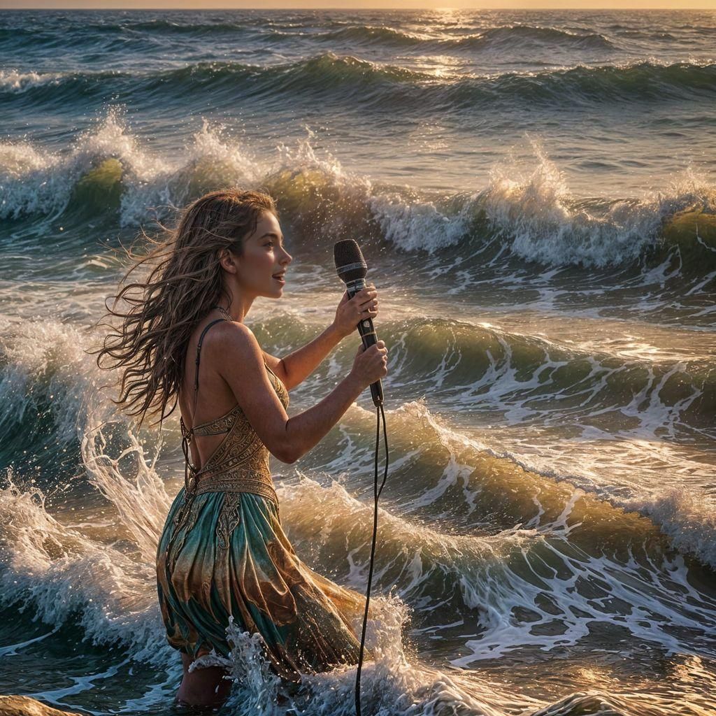 Girl Singing on Beach in Detailed Digital Painting