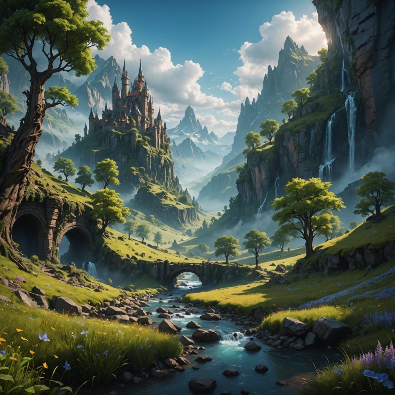 Enchanted Valley Matte Painting in Deep Fantastical Colors