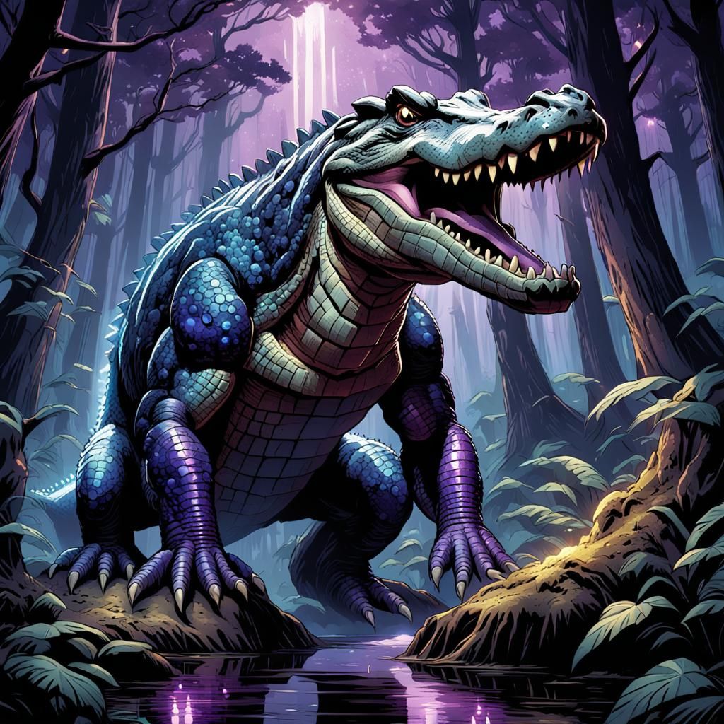 Sapphire Crocodile in Enchanting Forest, Comic Art