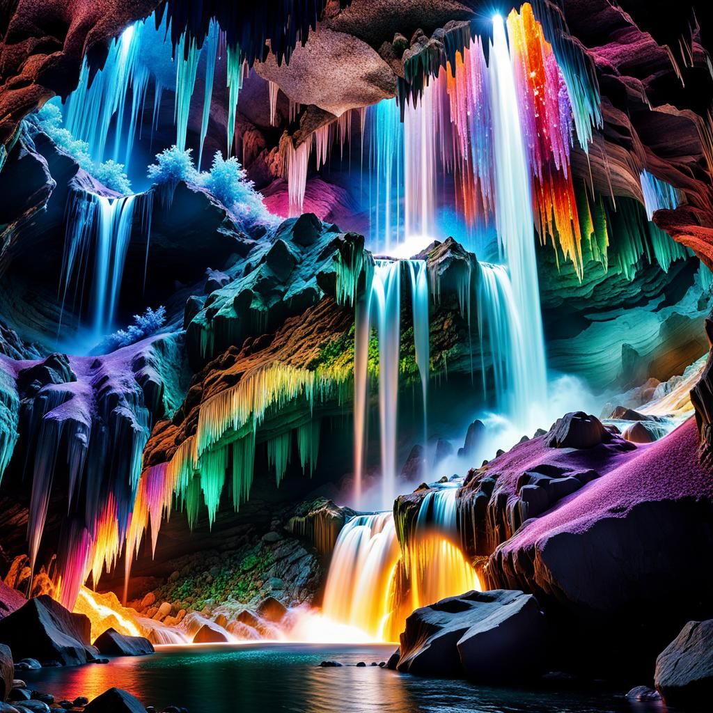 Sparkling Crystal Cave with Luminescent Waterfall
