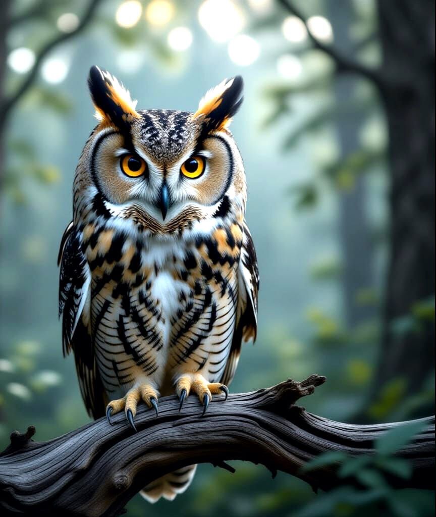 Wise Owl Portrait in Misty Forest, Photorealistic Style