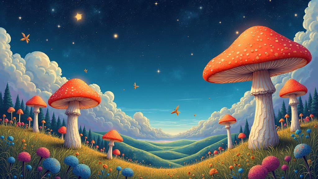 Dreamlike Fantasy Landscape with Glowing Mushrooms