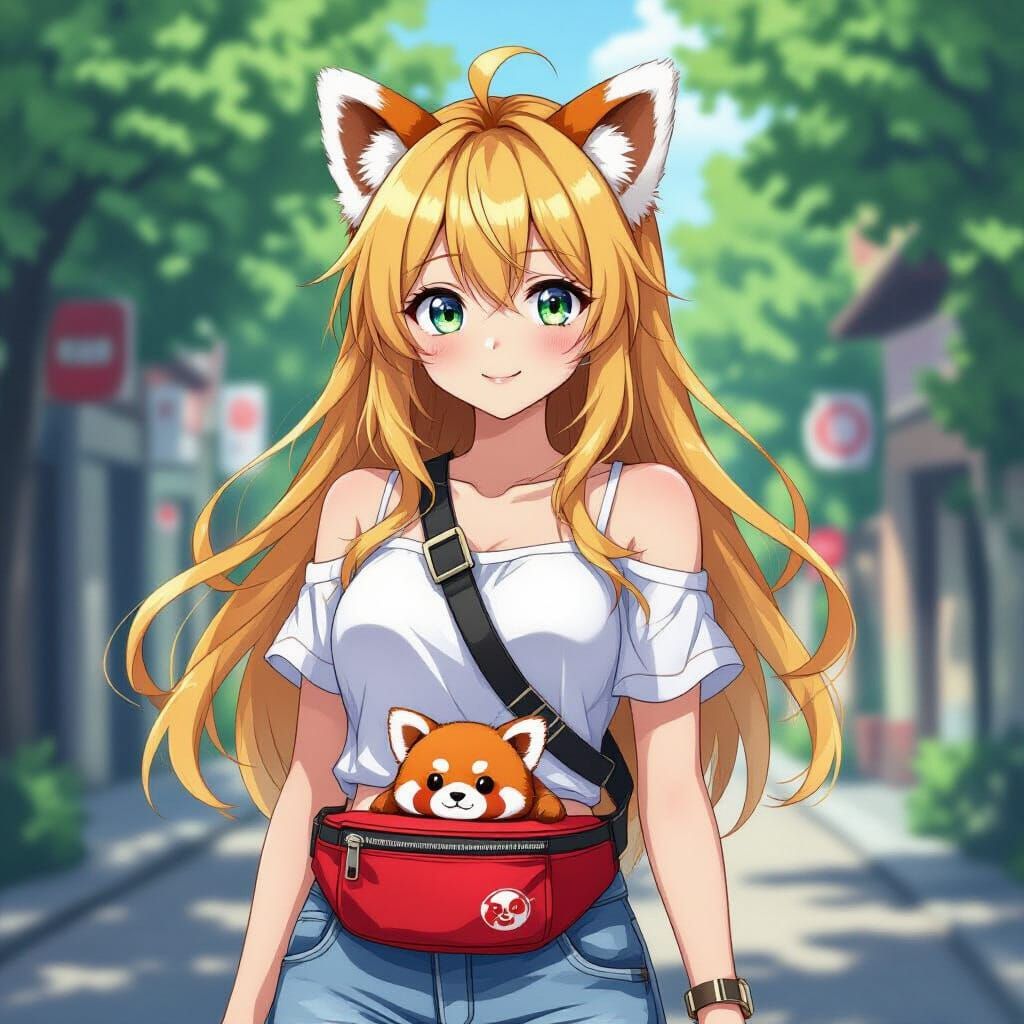 Anime Girl with Blonde Hair and Panda Fanny Pack