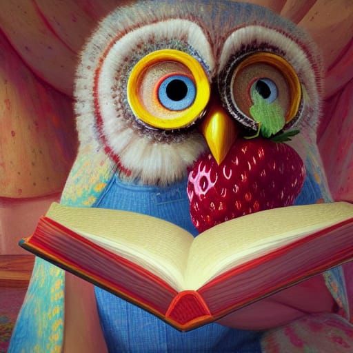 Strawberry Owl Reading: Neo-Impressionist Digital Art