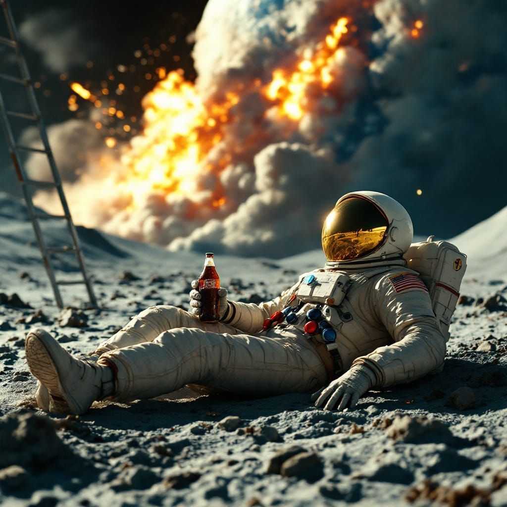 Astronaut Enjoys Soda Amidst Lunar Chaos in a Classic Space...