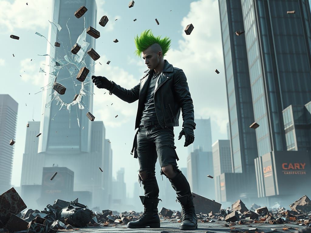 Cyborg Rebel Throwing Bricks in Dystopian Cityscape