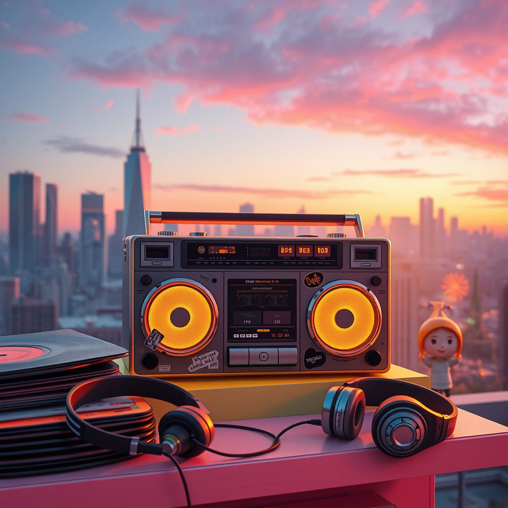 Retro Boombox with Glowing Cityscape, Retro-Futurism Art
