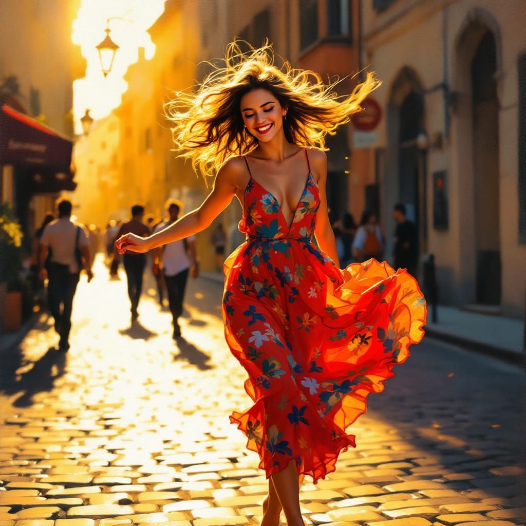 Joyful Dancer in Sunlit City Street Oil Painting