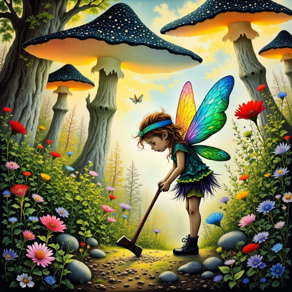 Male Fairy Chopping Plants in Whimsical Fairy Land Lumber Ya...