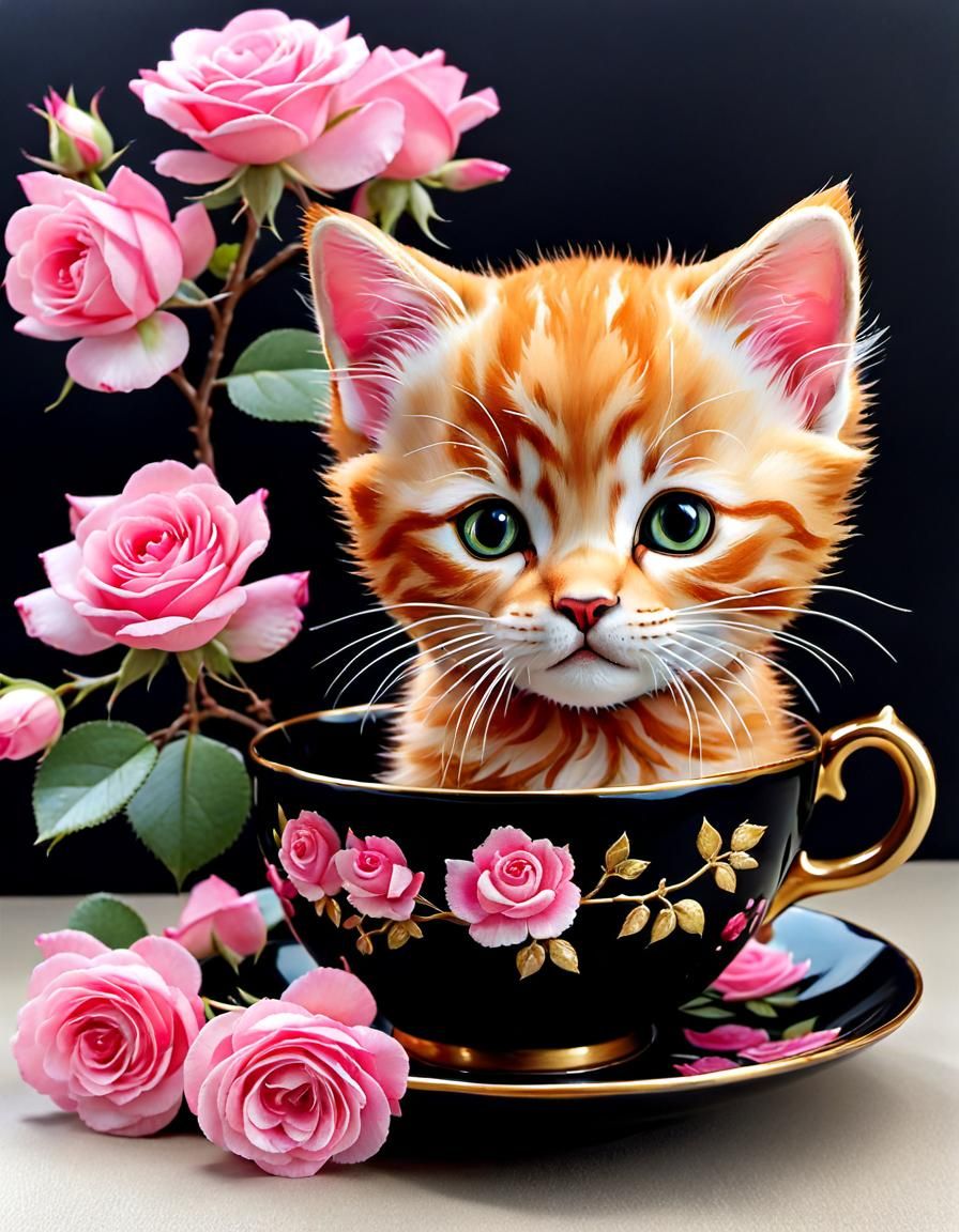 Ginger Kitten in Teacup with Roses, Vintage Style