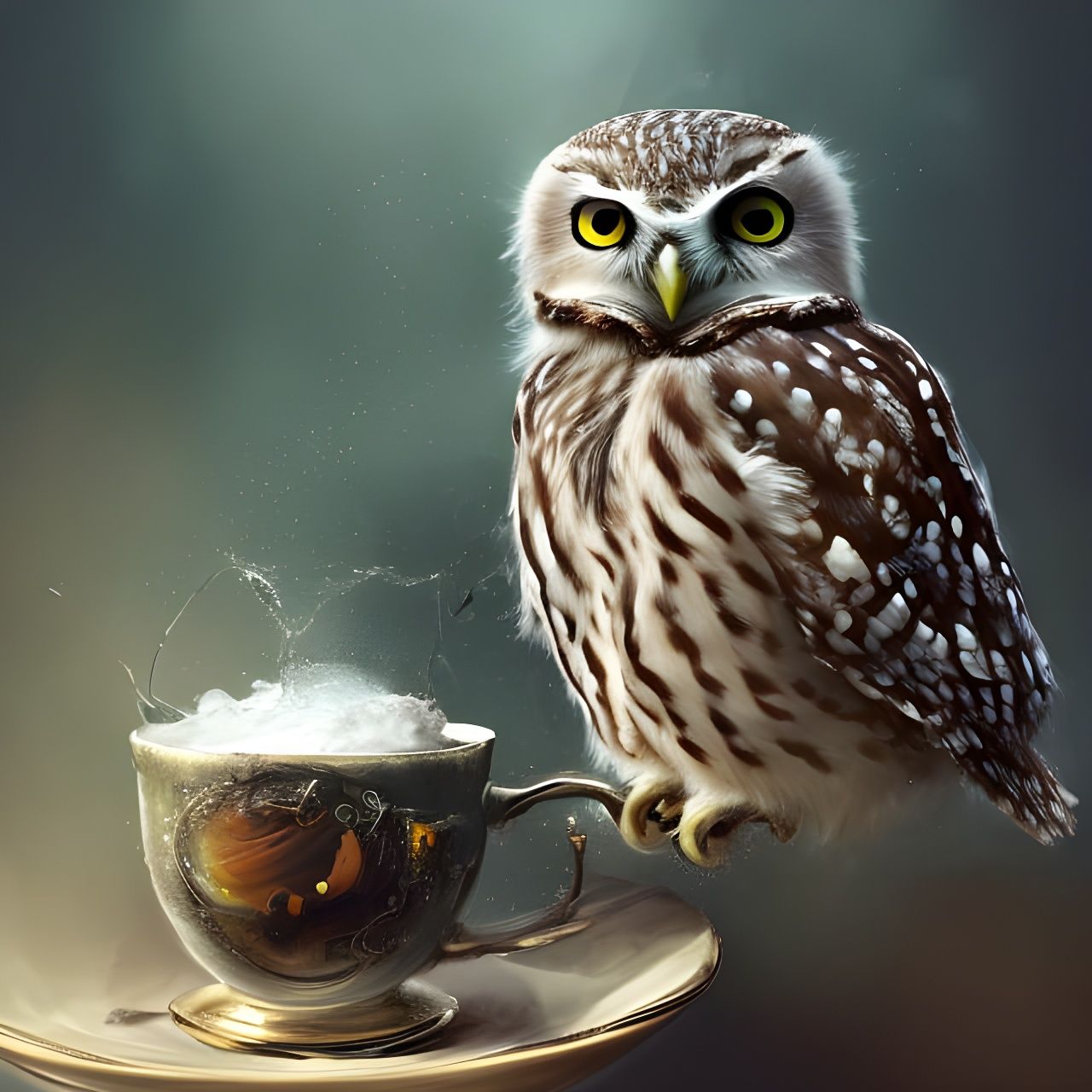 Owl Takes a Bath in Teacup: Photorealistic Concept Art