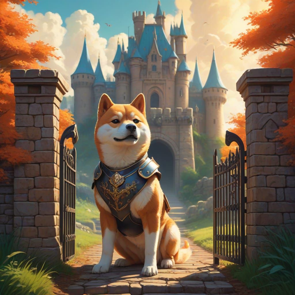 Shiba Inu Knight Guards Whimsical Castle Gate