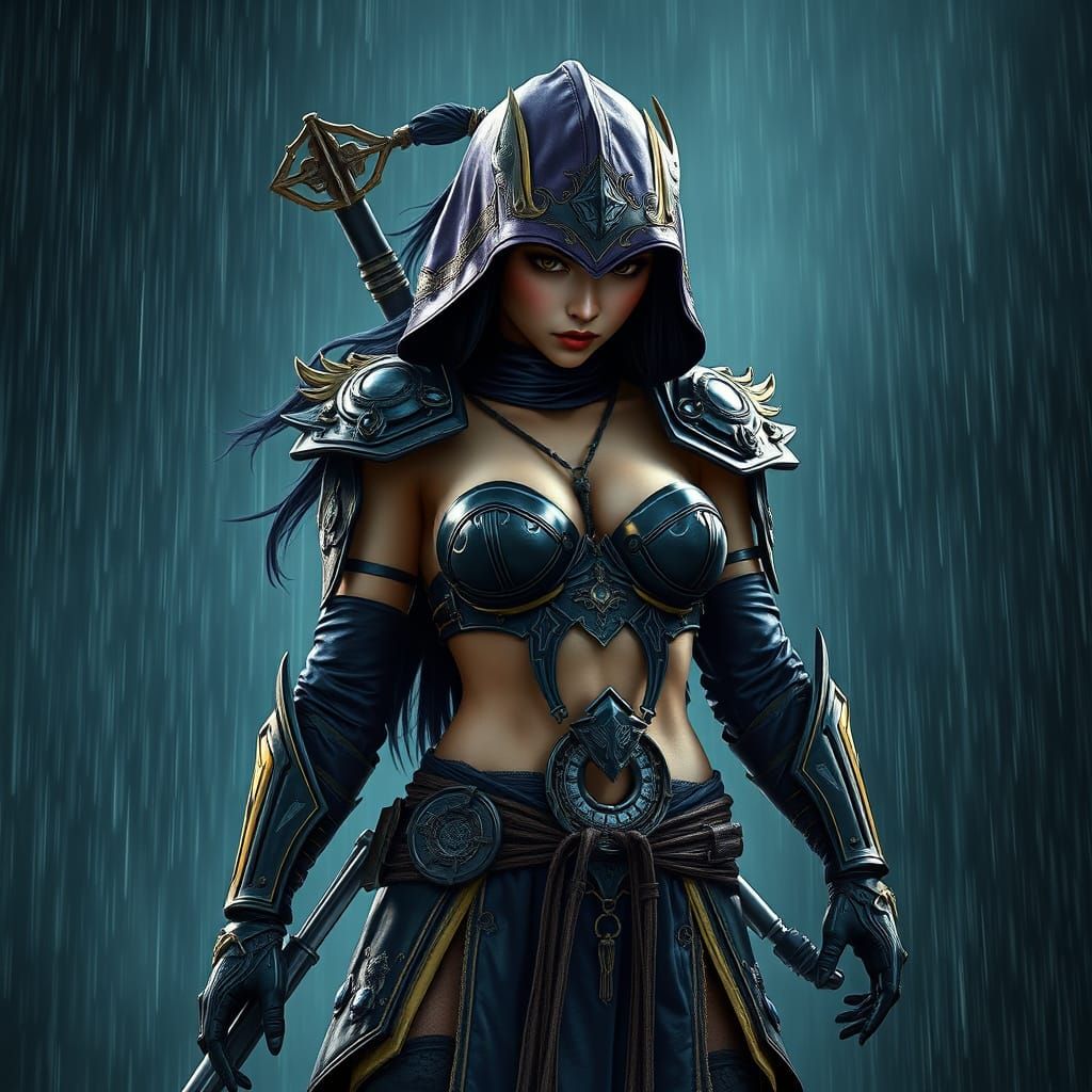 Futuristic Ninja in the Rain, Hyperrealistic Film Noir