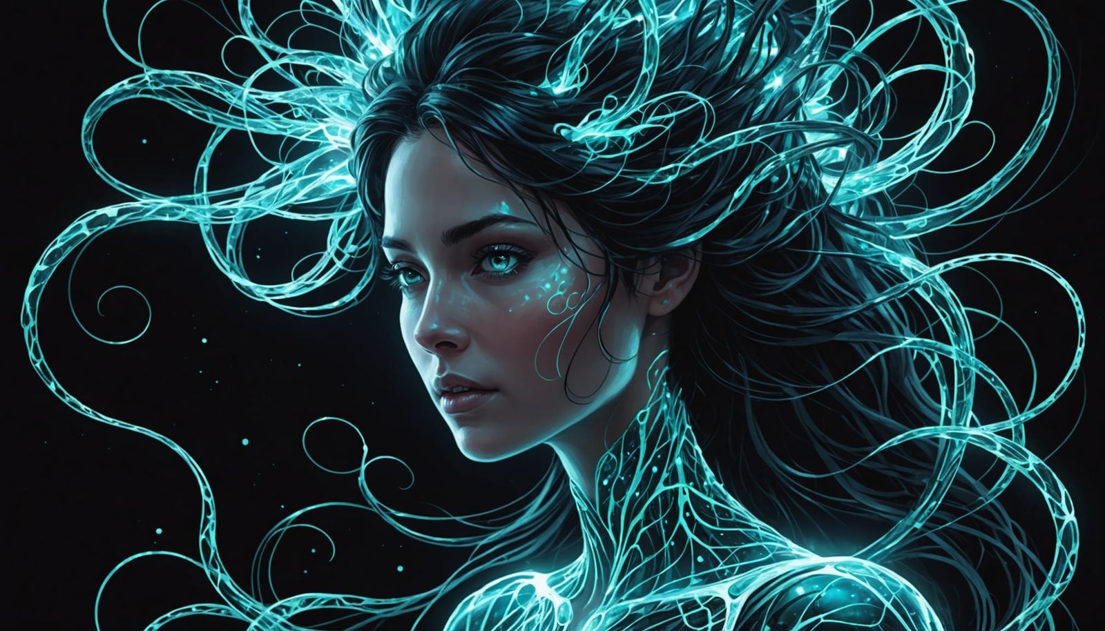 Ethereal Bioluminescent Woman with Cosmic Glow