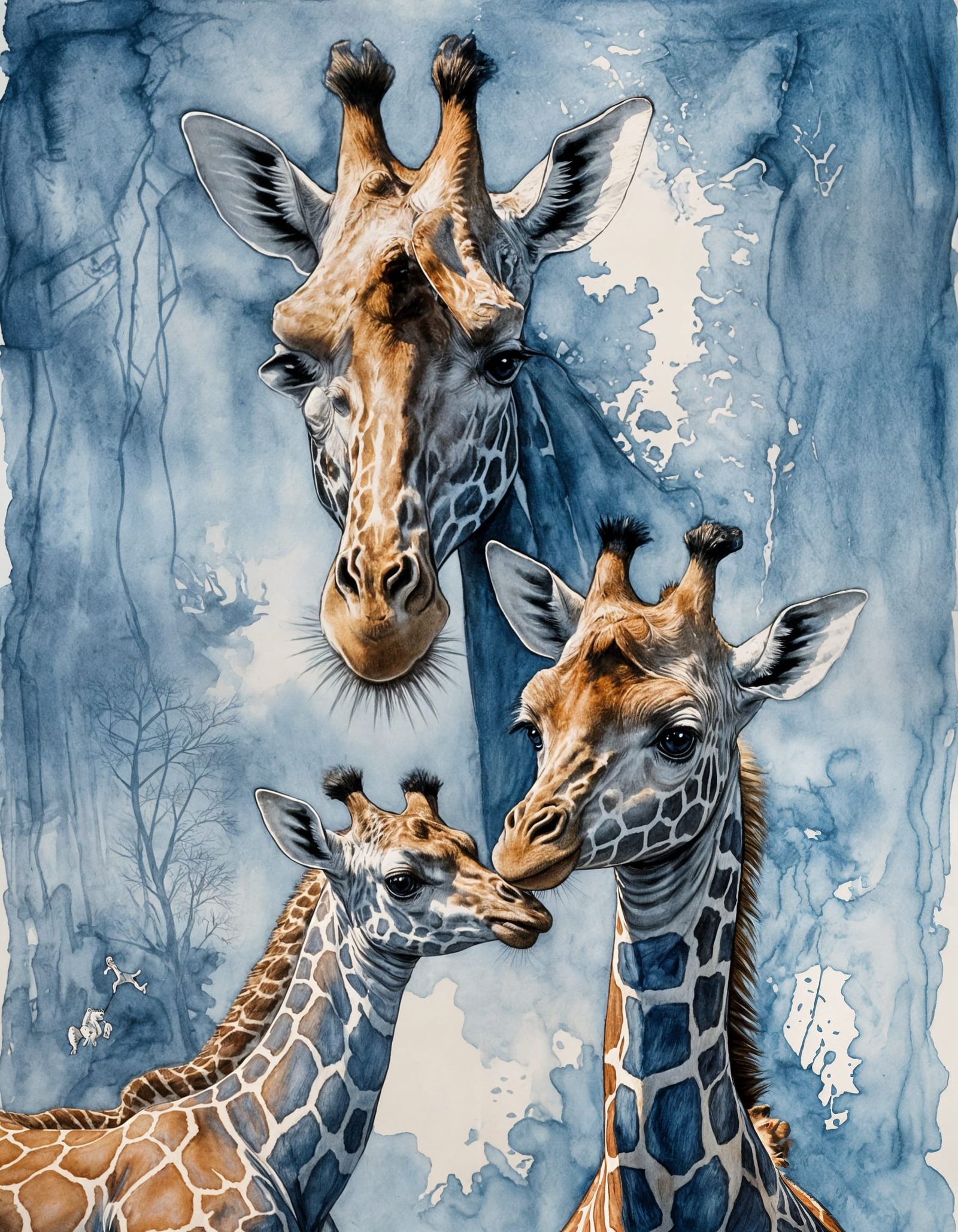 Monochromatic Blue Giraffe Love: Abstract Hand-Drawn Art