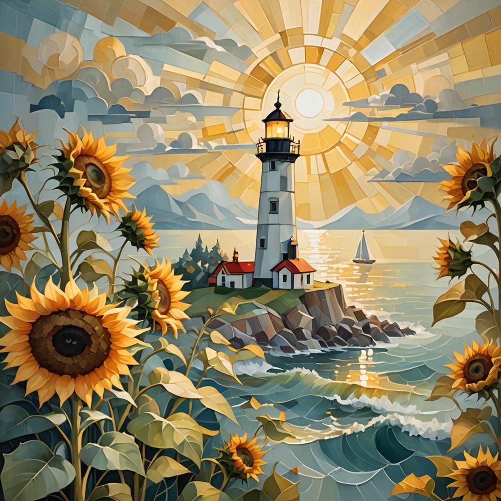 Sunflower Lighthouse in Cubist Style, Golden Sea